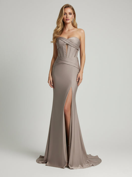 Strapless Corset Mermaid Evening Gown with Thigh-High Slit - Mocha Taupe MC20074