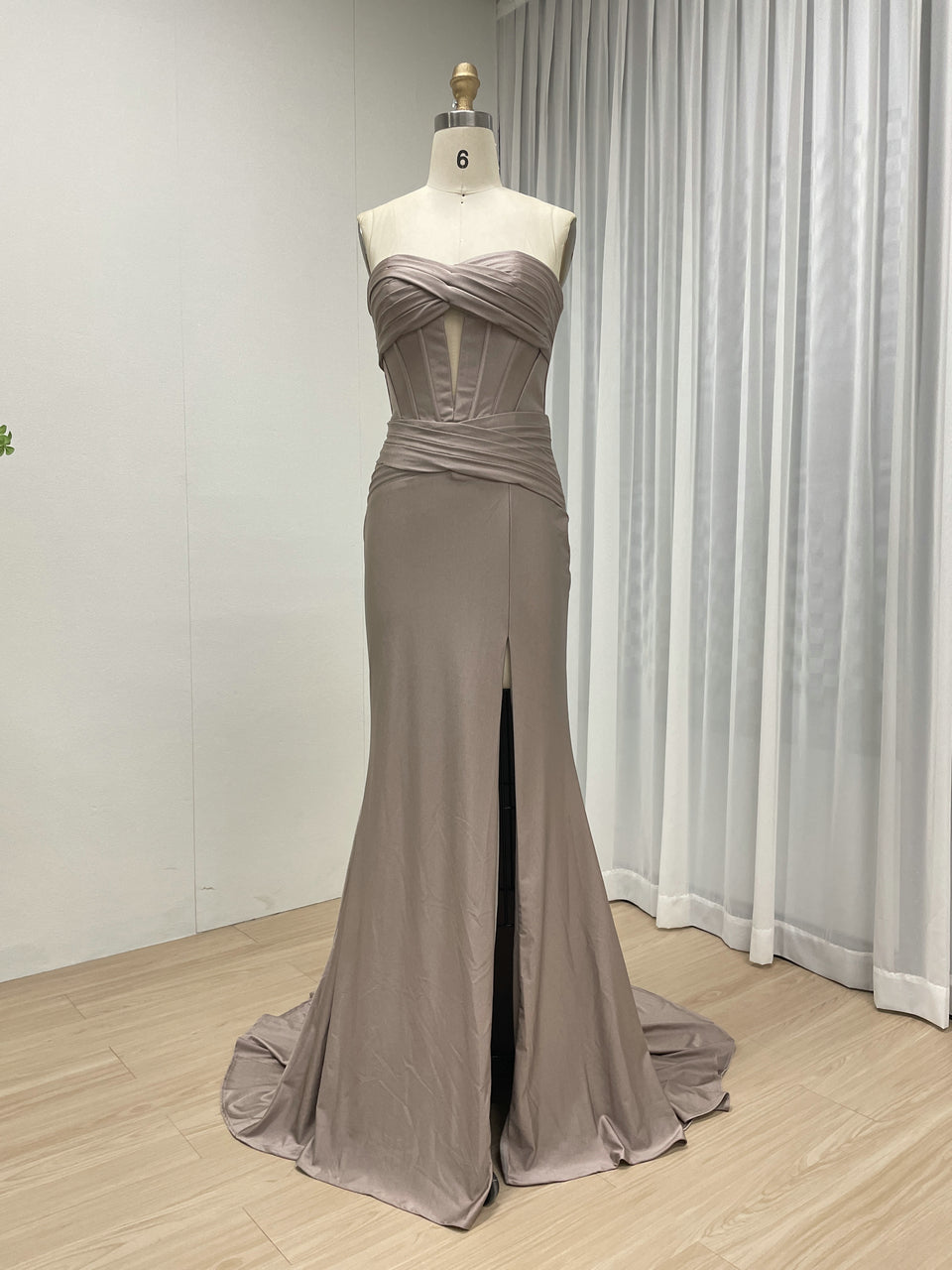 Strapless Corset Mermaid Evening Gown with Thigh-High Slit - Mocha Taupe MC20074