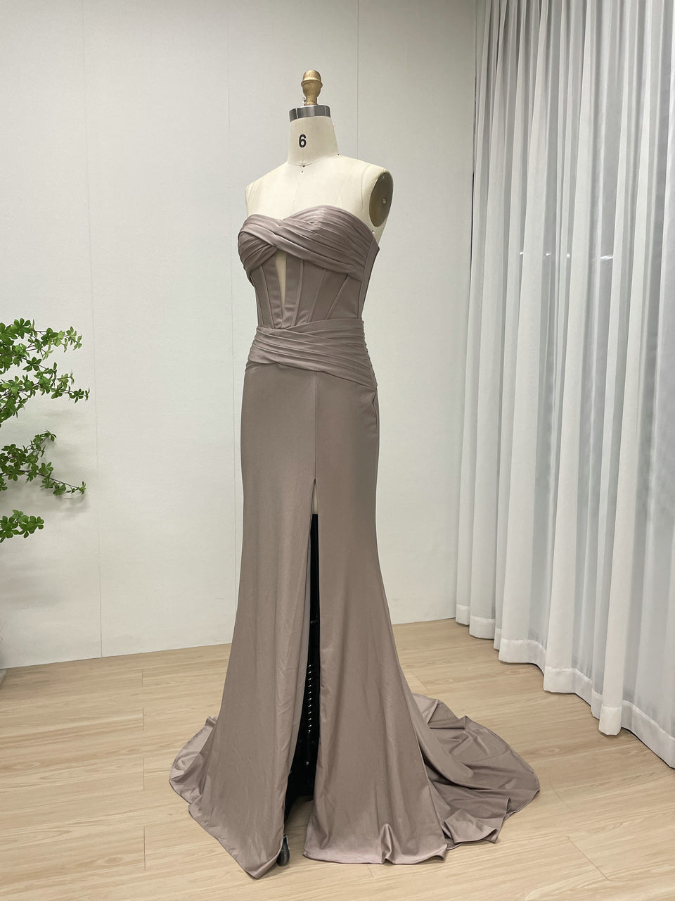 Strapless Corset Mermaid Evening Gown with Thigh-High Slit - Mocha Taupe MC20074