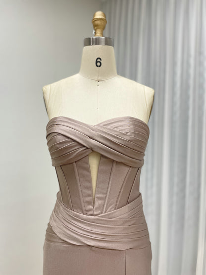 Strapless Corset Mermaid Evening Gown with Thigh-High Slit - Mocha Taupe MC20074