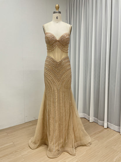Luxury Gold Beaded Mermaid Evening Gown -Formal Prom Dress MC20075B