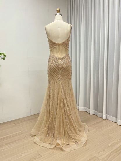 Luxury Gold Beaded Mermaid Evening Gown -Formal Prom Dress MC20075B