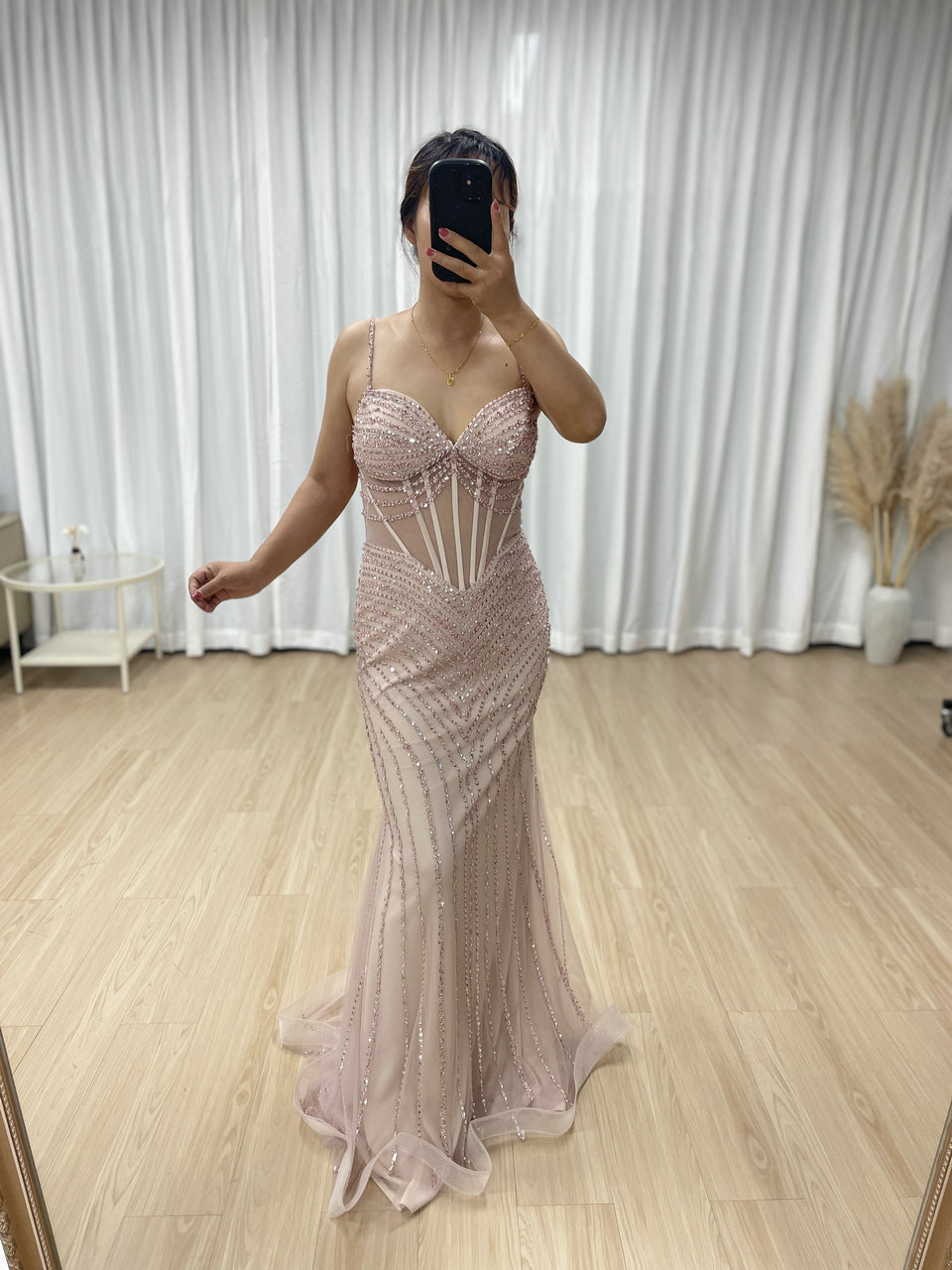 Luxury Beaded Prom Dress - Pink Mermaid Formal Gown with Illusion Waist MC20075