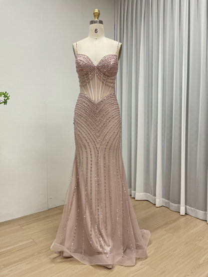 Luxury Beaded Prom Dress - Pink Mermaid Formal Gown with Illusion Waist MC20075