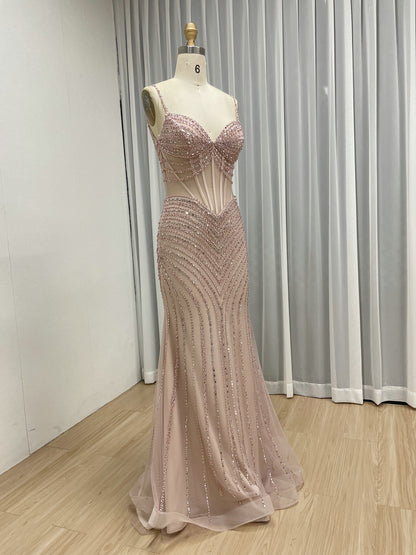 Luxury Beaded Prom Dress - Pink Mermaid Formal Gown with Illusion Waist MC20075