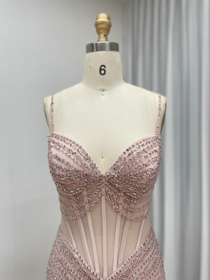 Luxury Beaded Prom Dress - Pink Mermaid Formal Gown with Illusion Waist MC20075