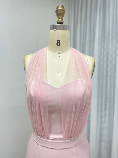 Pink Tulle Halter Neck Mermaid Prom Dress - Elegant Formal Gown MC20078