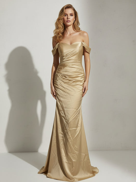 Off-the-Shoulder Ruched Champagne Satin Mermaid Evening Gown MC20079-2