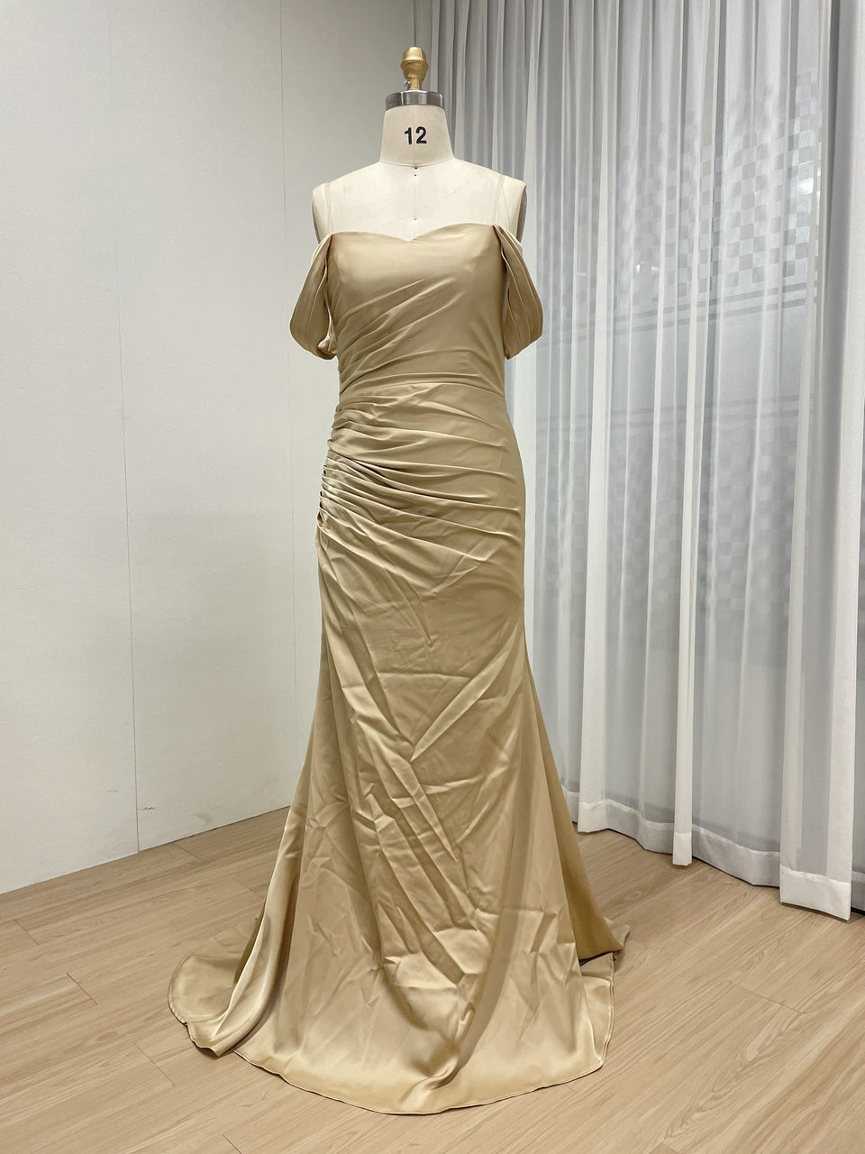 Off-the-Shoulder Ruched Champagne Satin Mermaid Evening Gown MC20079-2