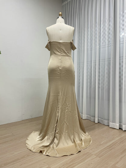 Off-the-Shoulder Ruched Champagne Satin Mermaid Evening Gown MC20079-2