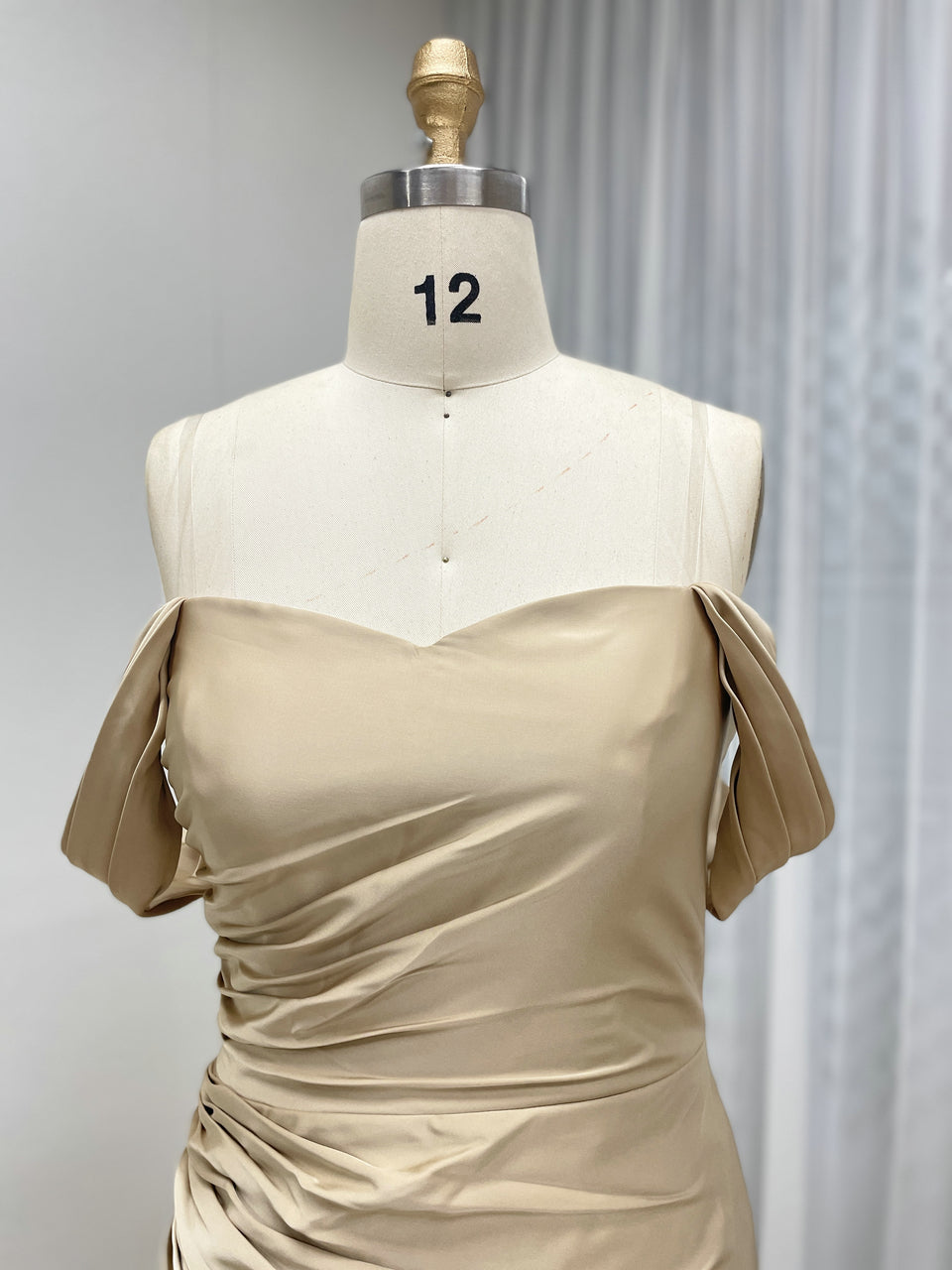 Off-the-Shoulder Ruched Champagne Satin Mermaid Evening Gown MC20079-2