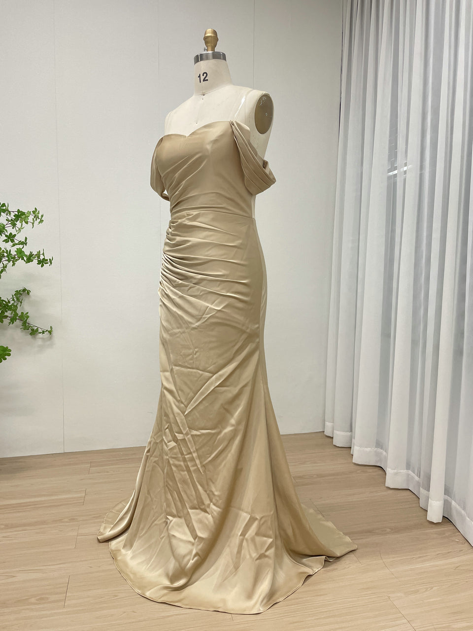 Off-the-Shoulder Ruched Champagne Satin Mermaid Evening Gown MC20079-2