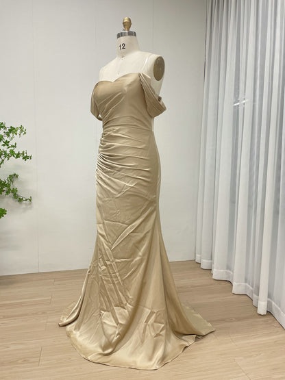 Off-the-Shoulder Ruched Champagne Satin Mermaid Evening Gown MC20079-2