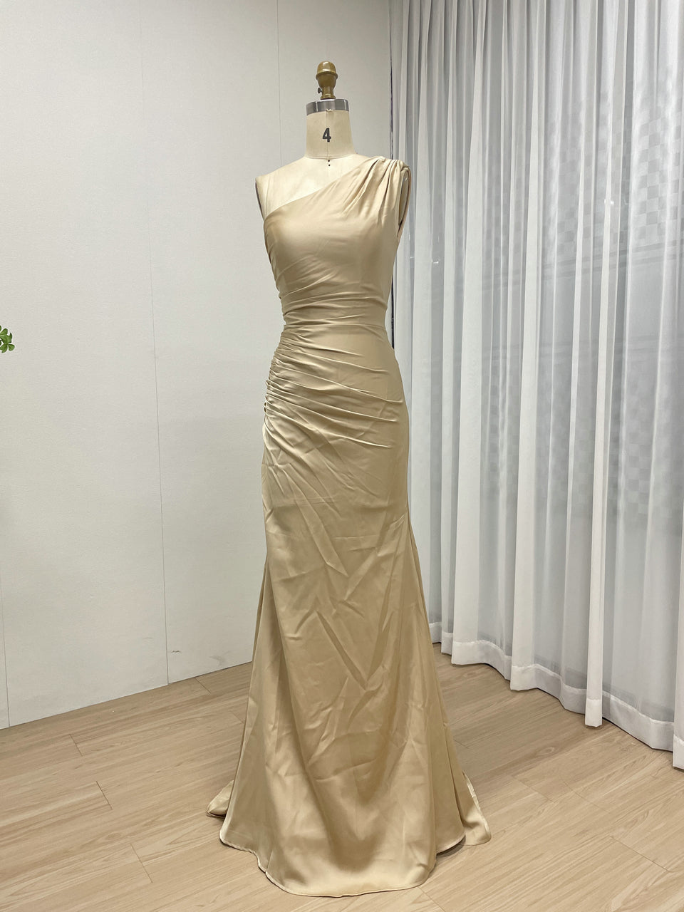 One-Shoulder Ruched Satin Mermaid Evening Gown in Champagne MC20079