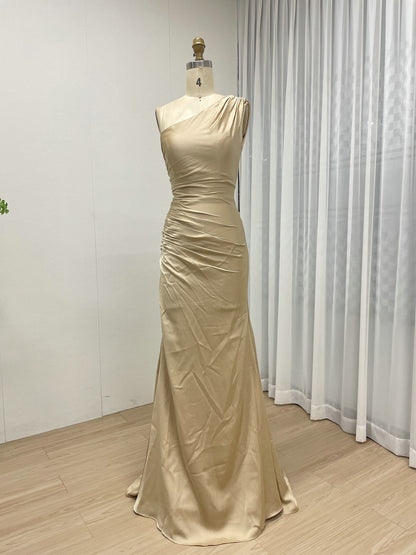 One-Shoulder Ruched Satin Mermaid Evening Gown in Champagne MC20079