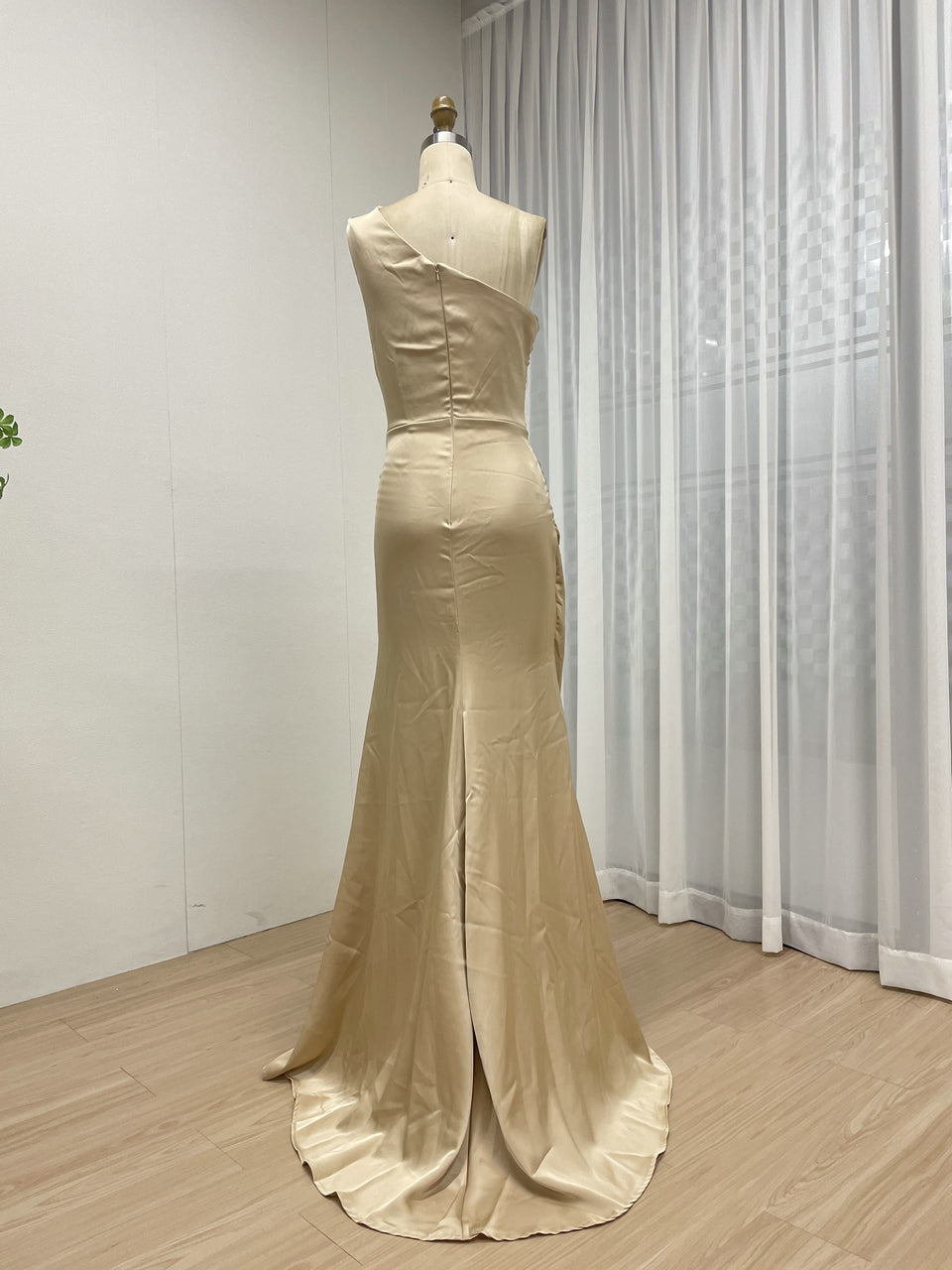 One-Shoulder Ruched Satin Mermaid Evening Gown in Champagne MC20079