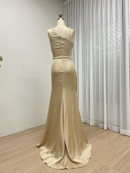 One-Shoulder Ruched Satin Mermaid Evening Gown in Champagne MC20079