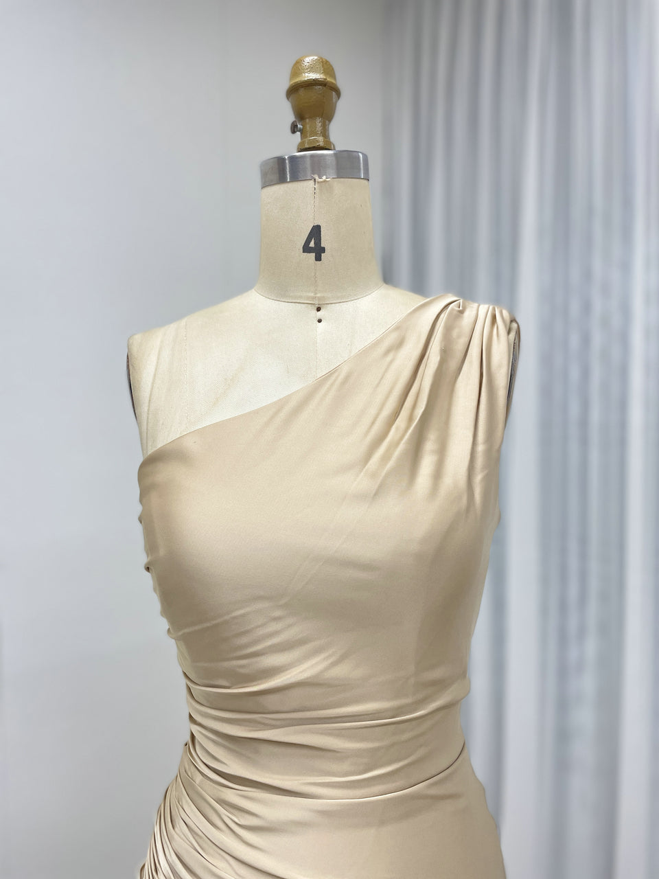 One-Shoulder Ruched Satin Mermaid Evening Gown in Champagne MC20079