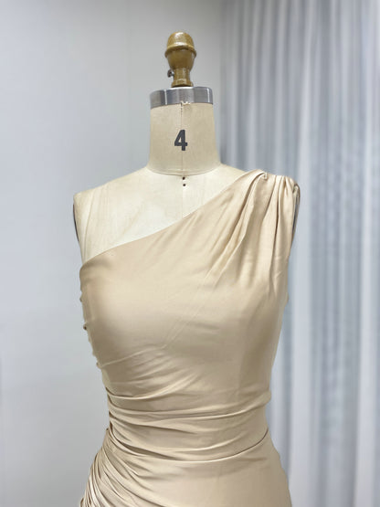 One-Shoulder Ruched Satin Mermaid Evening Gown in Champagne MC20079