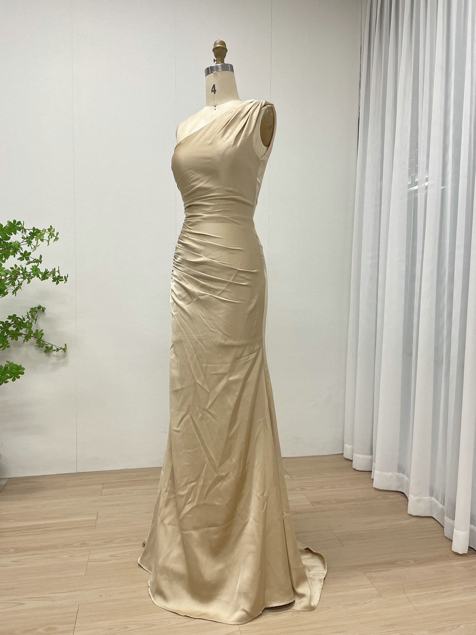 One-Shoulder Ruched Satin Mermaid Evening Gown in Champagne MC20079