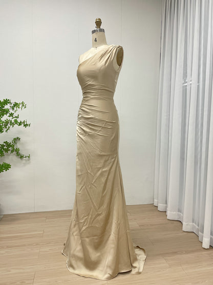 One-Shoulder Ruched Satin Mermaid Evening Gown in Champagne MC20079