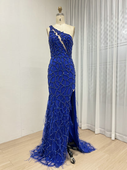 Royal Blue Beaded Evening Gown with Feather Slit & Lattice Detail MC20080