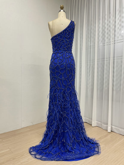 Royal Blue Beaded Evening Gown with Feather Slit & Lattice Detail MC20080