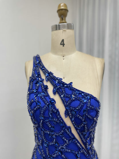 Royal Blue Beaded Evening Gown with Feather Slit & Lattice Detail MC20080