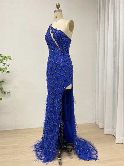 Royal Blue Beaded Evening Gown with Feather Slit & Lattice Detail MC20080