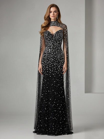 High Neck Rhinestone Cape Evening Gown - Silver/Black MC20081