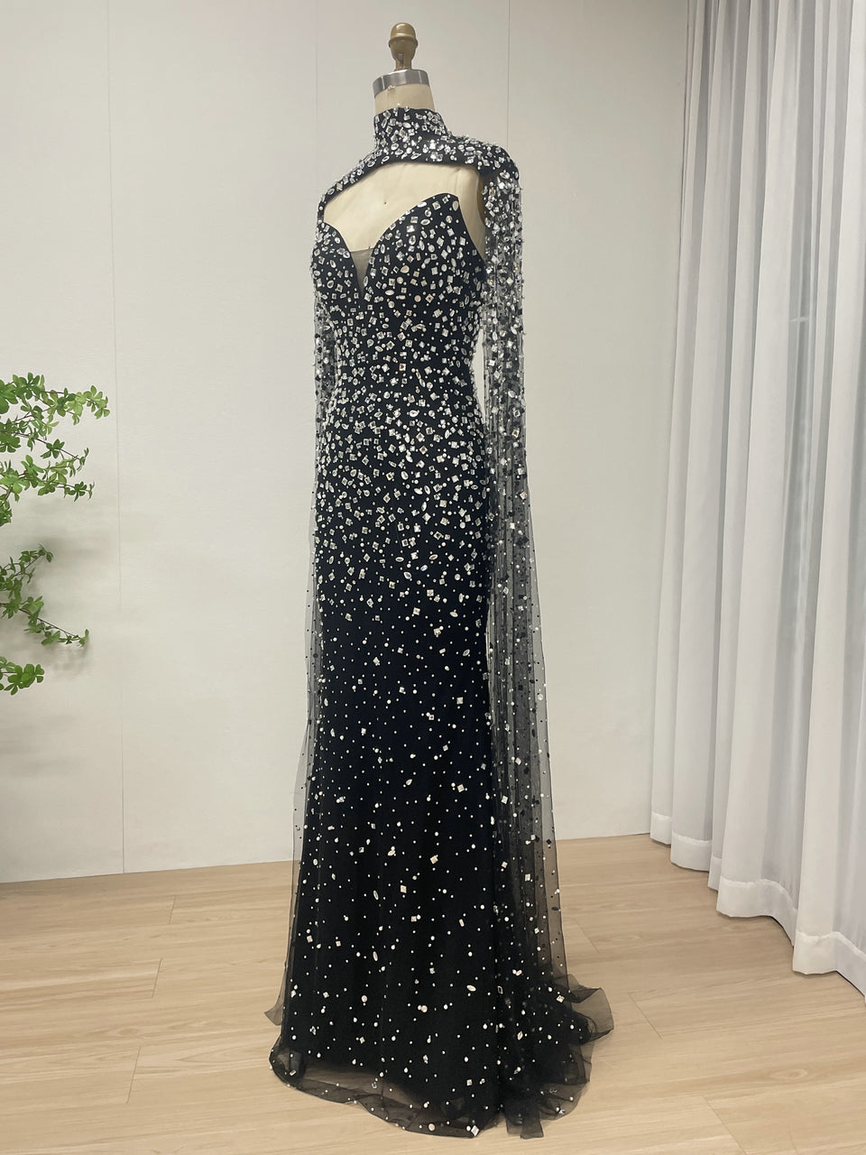 High Neck Rhinestone Cape Evening Gown - Silver/Black MC20081
