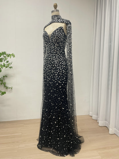 High Neck Rhinestone Cape Evening Gown - Silver/Black MC20081