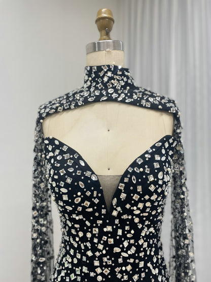 High Neck Rhinestone Cape Evening Gown - Silver/Black MC20081