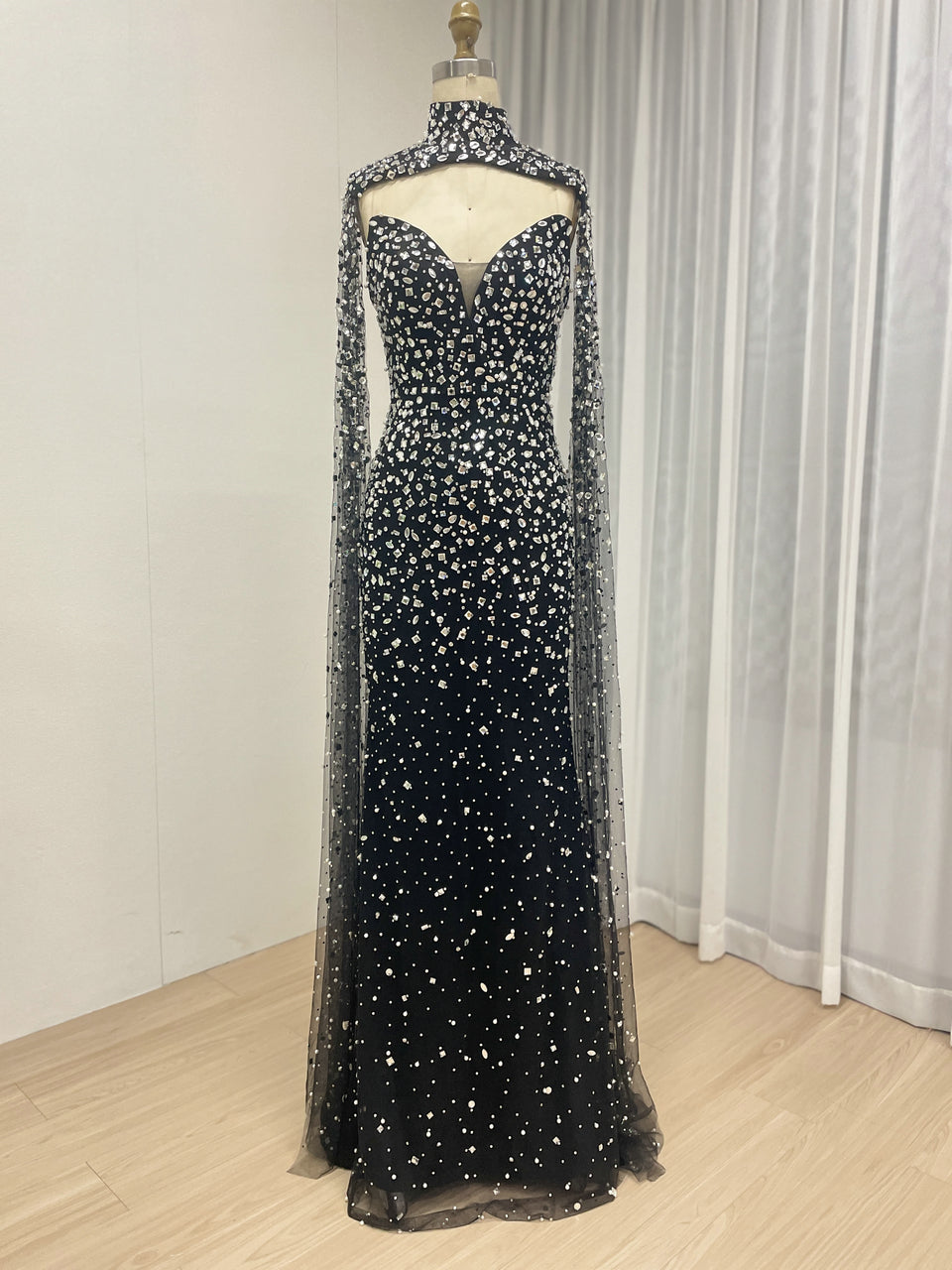 High Neck Rhinestone Cape Evening Gown - Silver/Black MC20081
