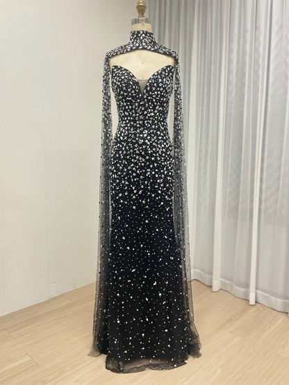 High Neck Rhinestone Cape Evening Gown - Silver/Black MC20081