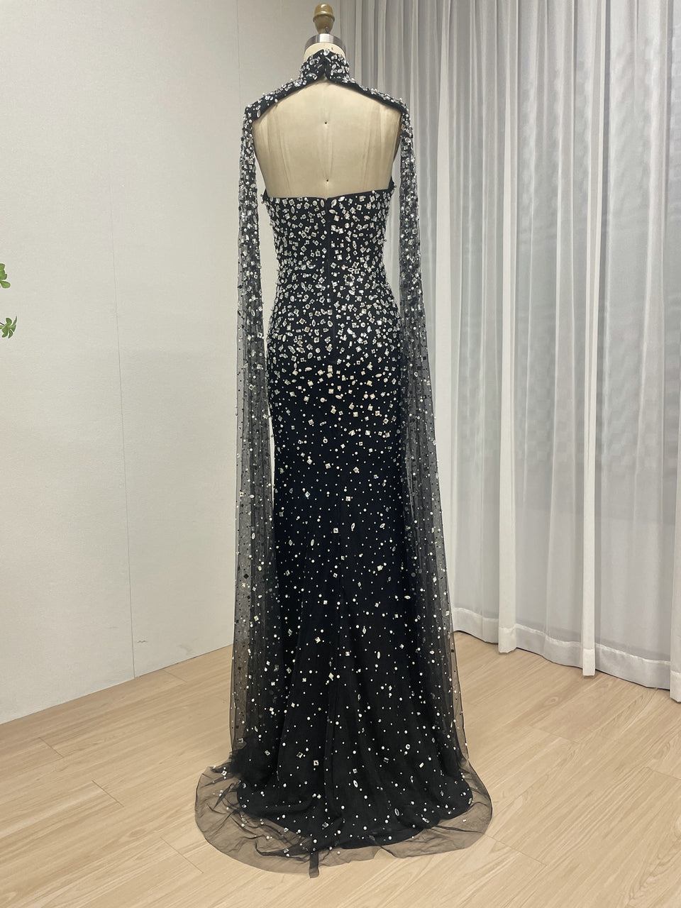 High Neck Rhinestone Cape Evening Gown - Silver/Black MC20081