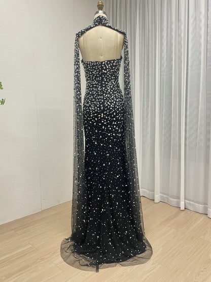 High Neck Rhinestone Cape Evening Gown - Silver/Black MC20081