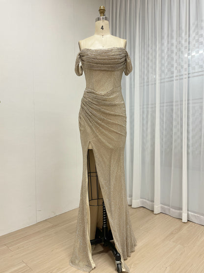 Champagne Off-The-Shoulder Ruched Sequin Evening Gown with High Slit MC20082B