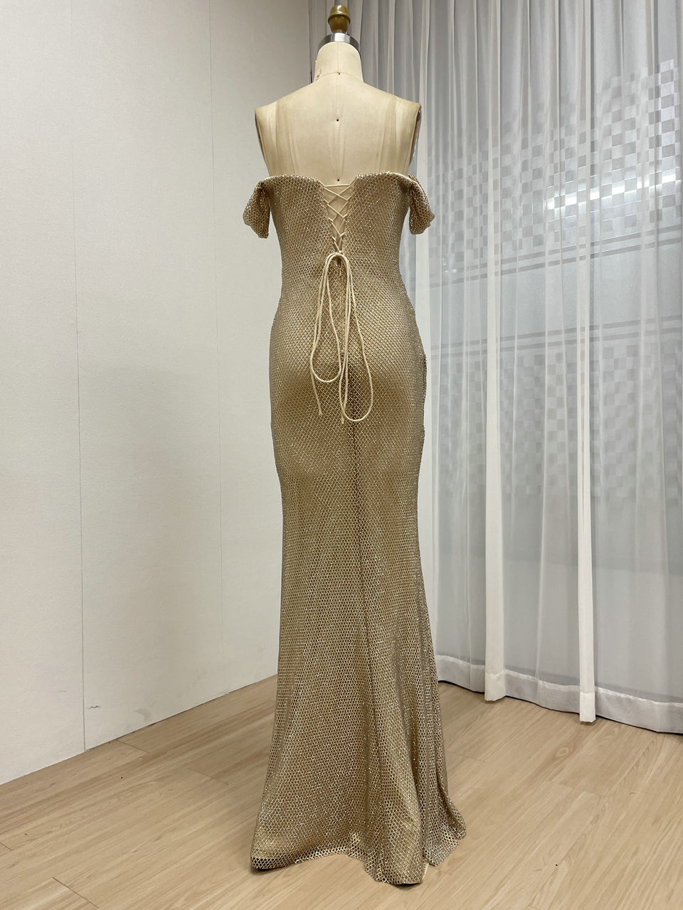 Champagne Off-The-Shoulder Ruched Sequin Evening Gown with High Slit MC20082B