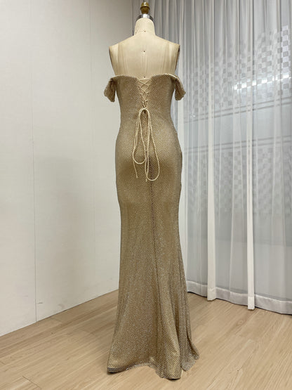 Champagne Off-The-Shoulder Ruched Sequin Evening Gown with High Slit MC20082B
