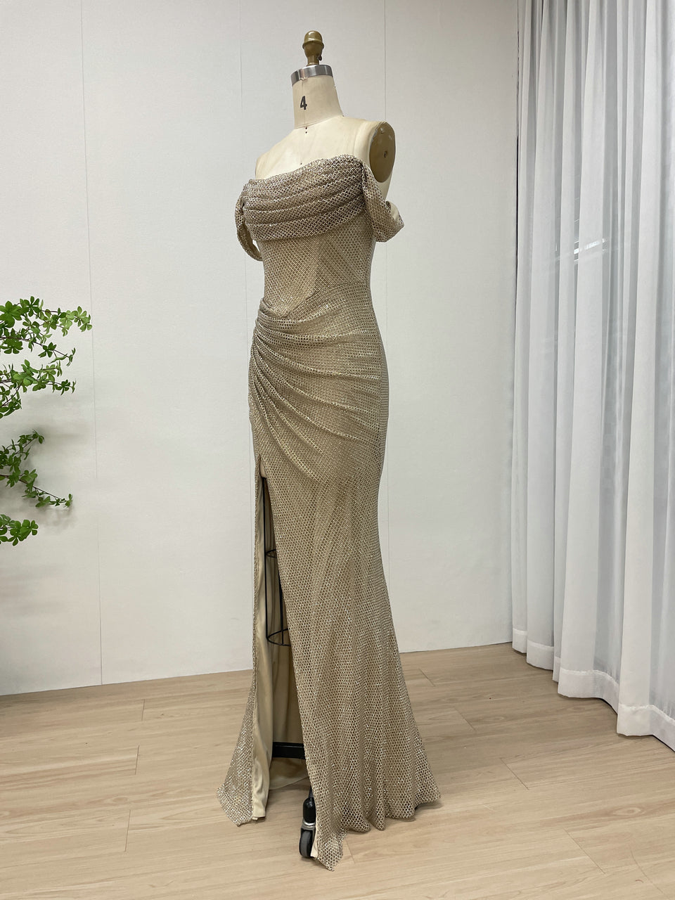 Champagne Off-The-Shoulder Ruched Sequin Evening Gown with High Slit MC20082B