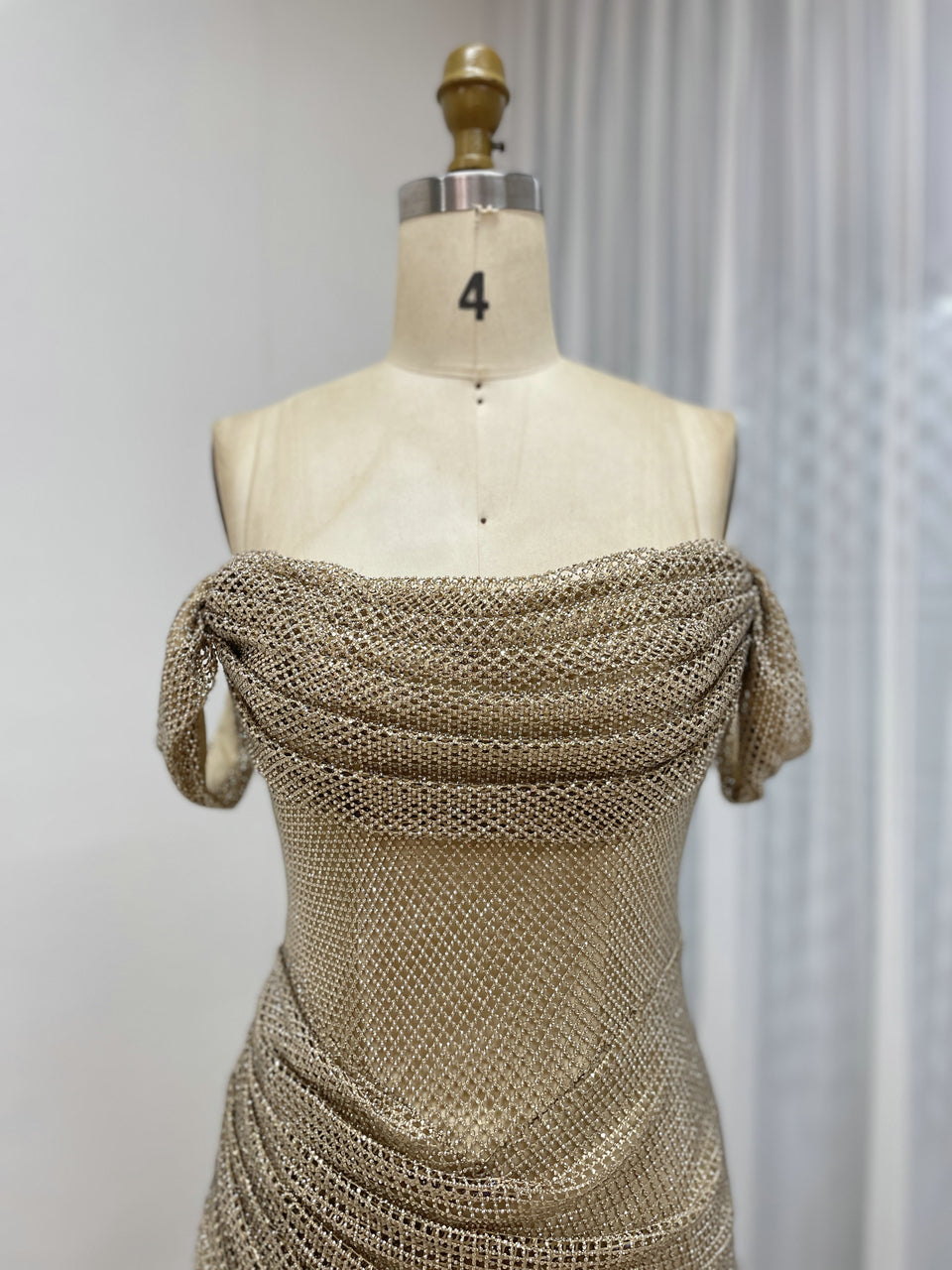 Champagne Off-The-Shoulder Ruched Sequin Evening Gown with High Slit MC20082B
