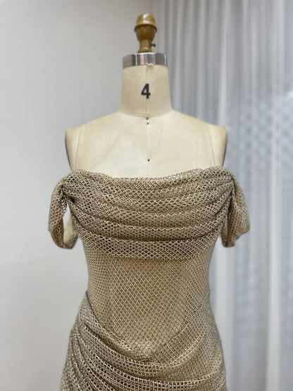 Champagne Off-The-Shoulder Ruched Sequin Evening Gown with High Slit MC20082B