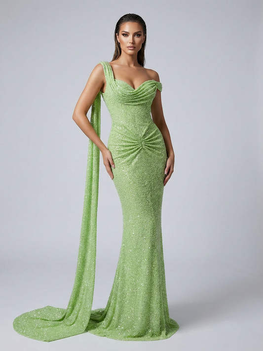 Green Handmade Beading Mermaid Formal Dress - Ruched Waist Gala Gown MC20083-2