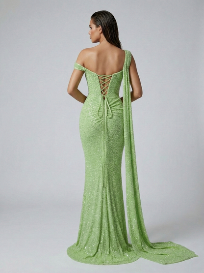 Green Handmade Beading Mermaid Formal Dress - Ruched Waist Gala Gown MC20083-2