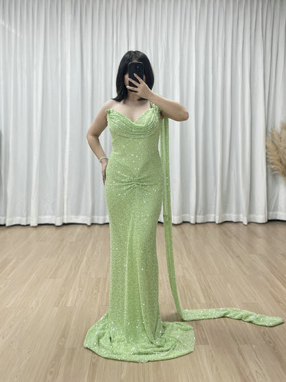 Green Handmade Beading Mermaid Formal Dress - Ruched Waist Gala Gown MC20083-2