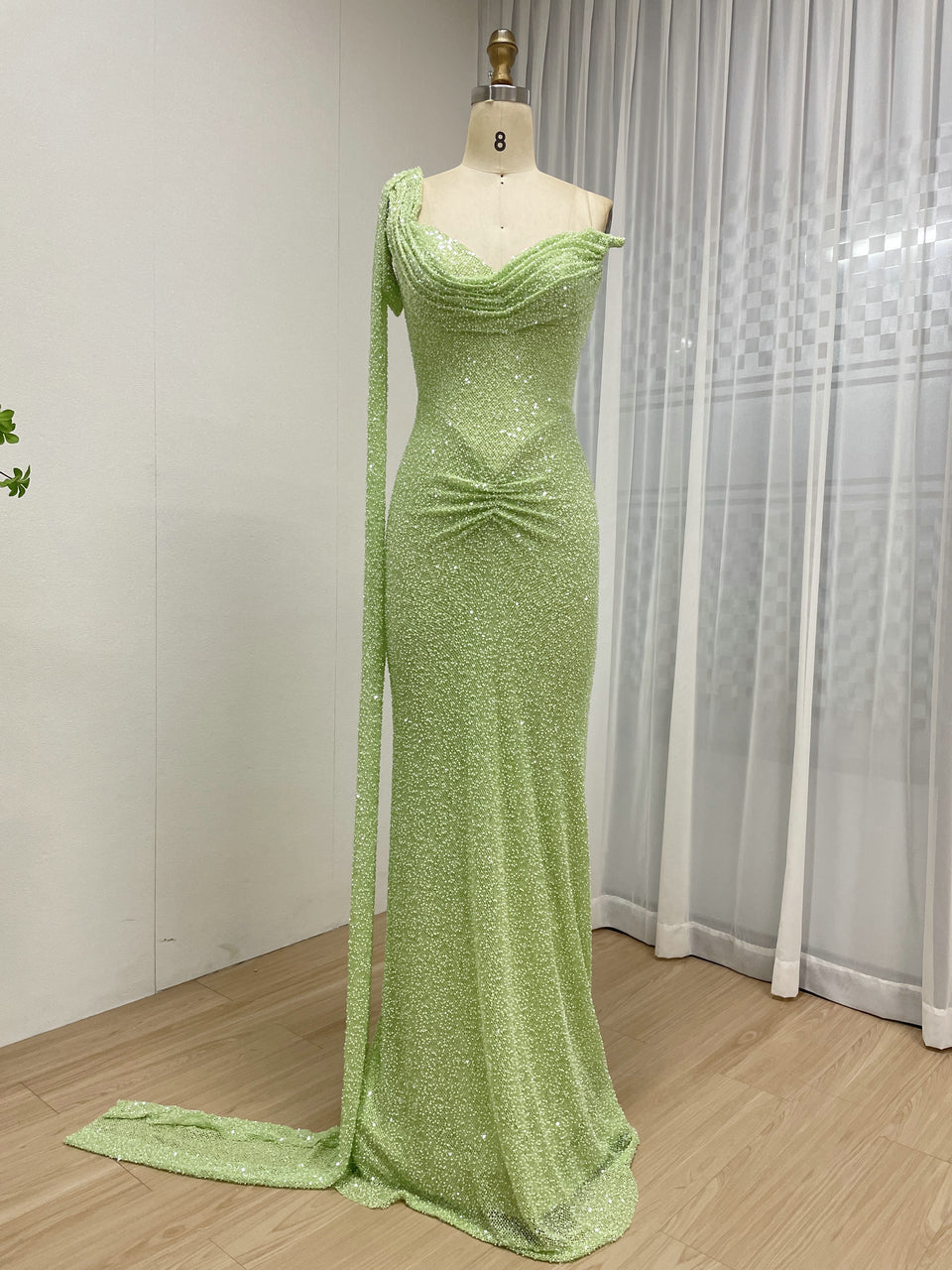 Green Handmade Beading Mermaid Formal Dress - Ruched Waist Gala Gown MC20083-2