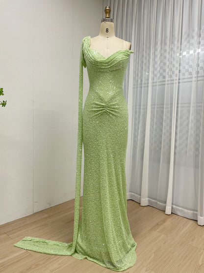 Green Handmade Beading Mermaid Formal Dress - Ruched Waist Gala Gown MC20083-2