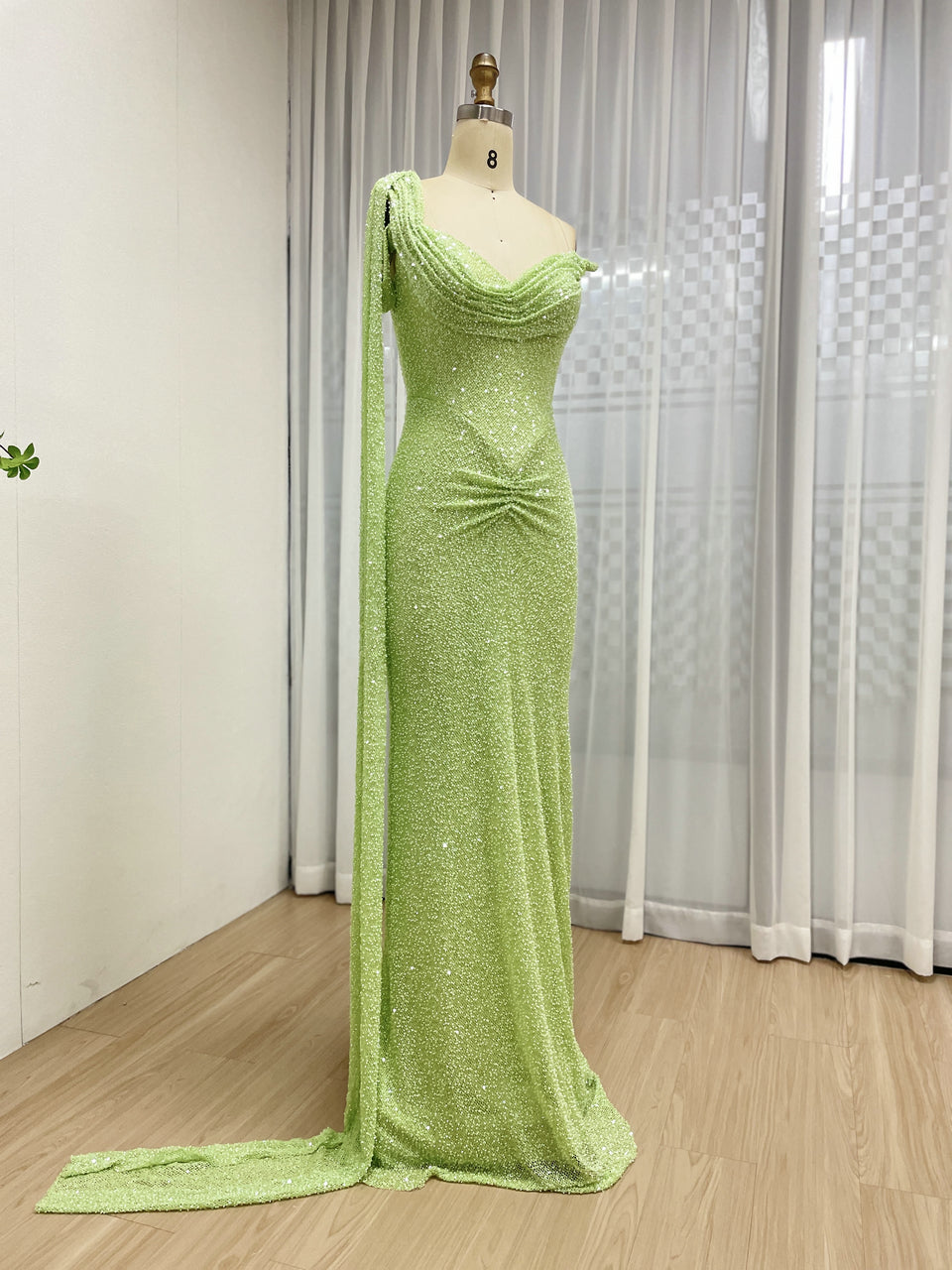Green Handmade Beading Mermaid Formal Dress - Ruched Waist Gala Gown MC20083-2