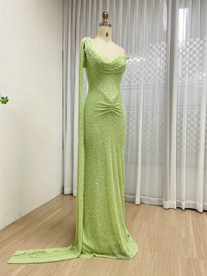 Green Handmade Beading Mermaid Formal Dress - Ruched Waist Gala Gown MC20083-2